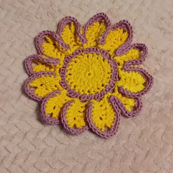 Hand Crafted Crochet Gold & Purple Flower Coasters, Set of 2 - Picture 2 of 3